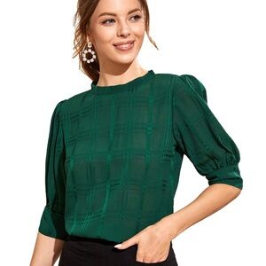 SheIn Women's Striped Puff Half Sleeve Top Round Neck Work Casual Blouse Green